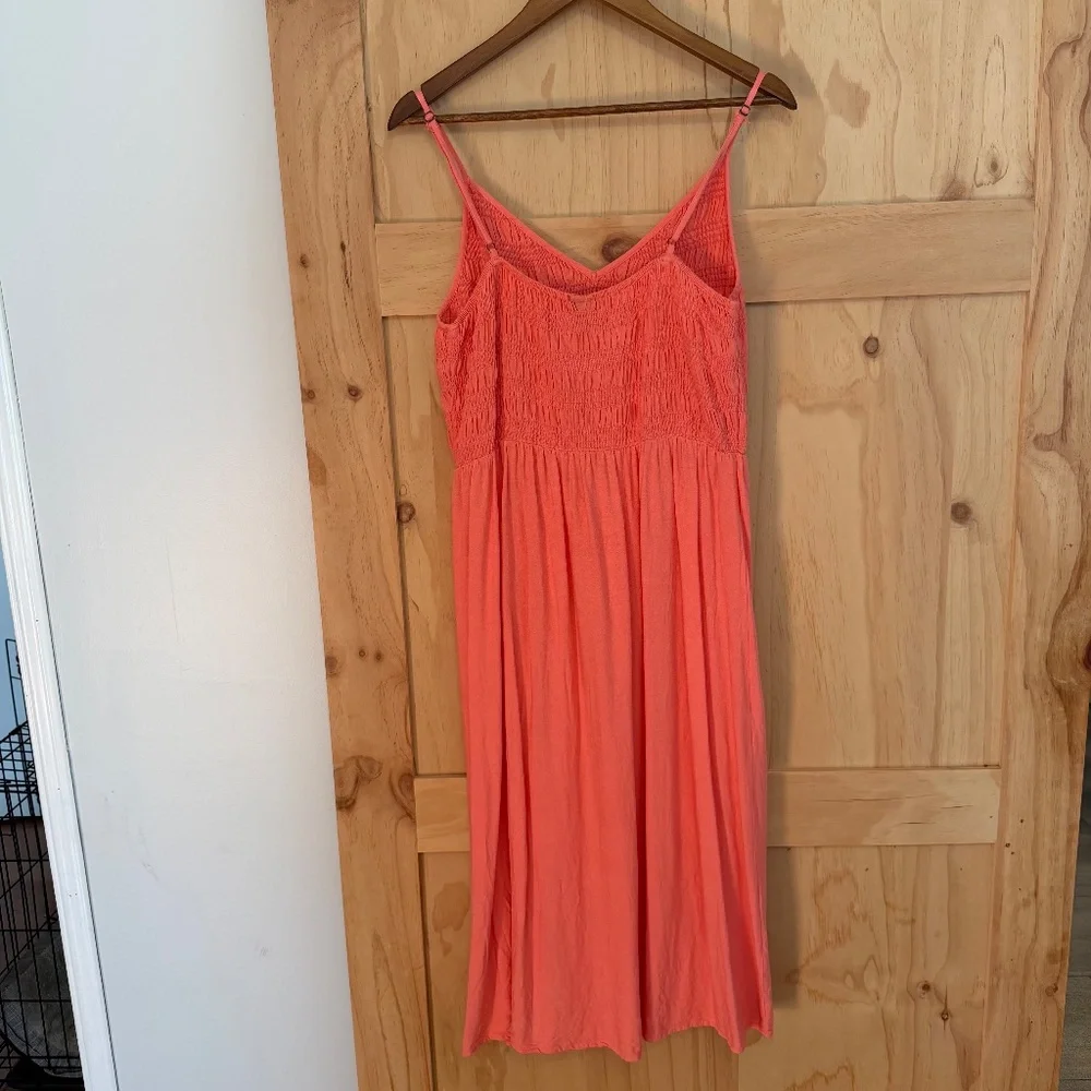 Coral Smocked Spaghetti Strap Midi Dress - Picture 2 of 4